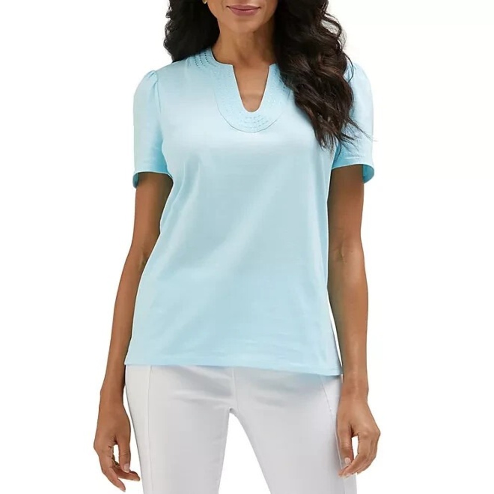 Rafaella Womens Short Sleeve V-Neck Top XS Atomizer Blue Cotton Blouse